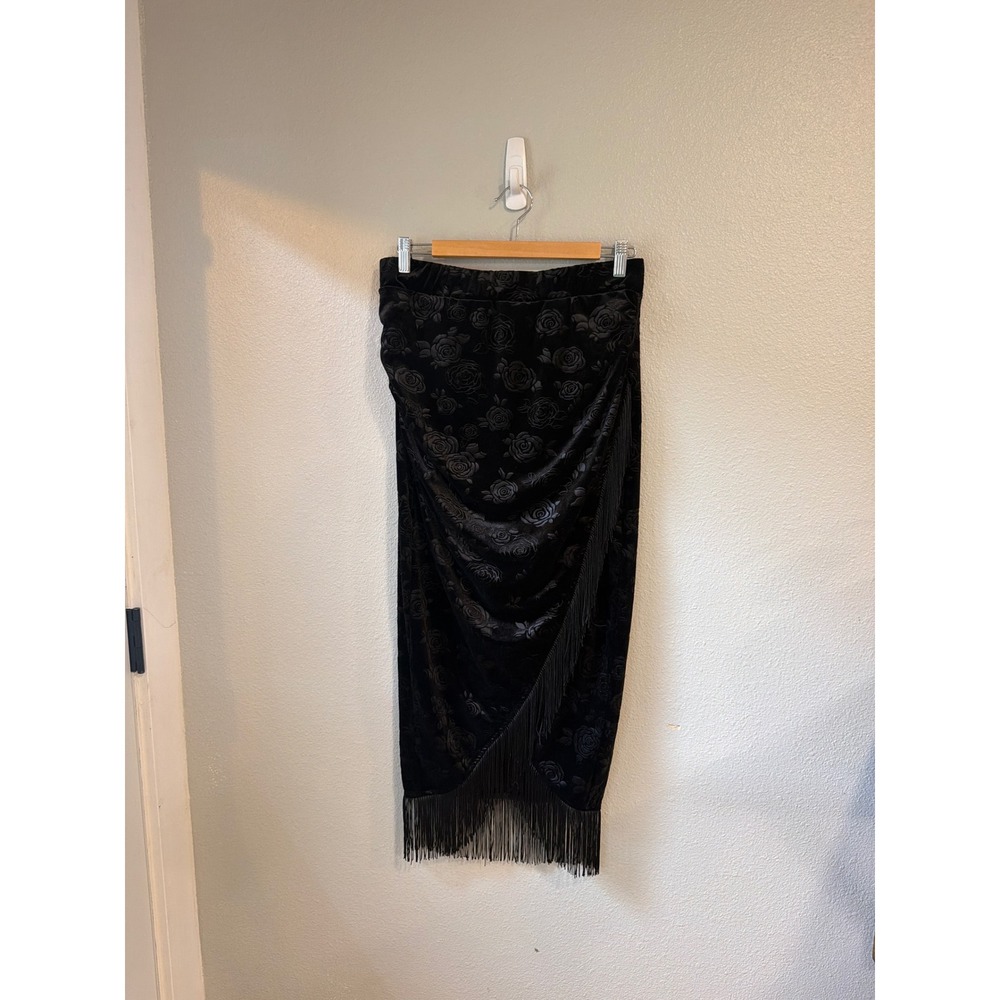 Midi Skirt Womens XL‎ Black Velvet Embossed Floral Fringe Wrap Front Grunge Goth